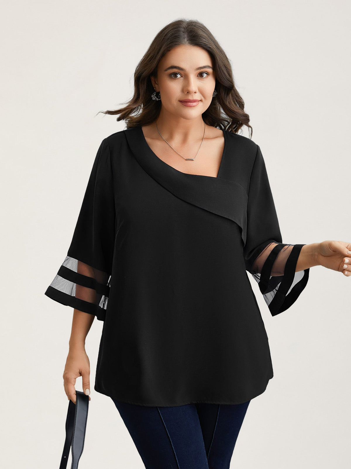 Sheer Sleeve Patchwork Asymmetrical Neckline Blouse