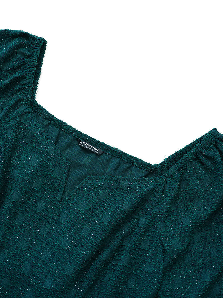 Solid Jacquard Notched Lantern Sleeve Blouse