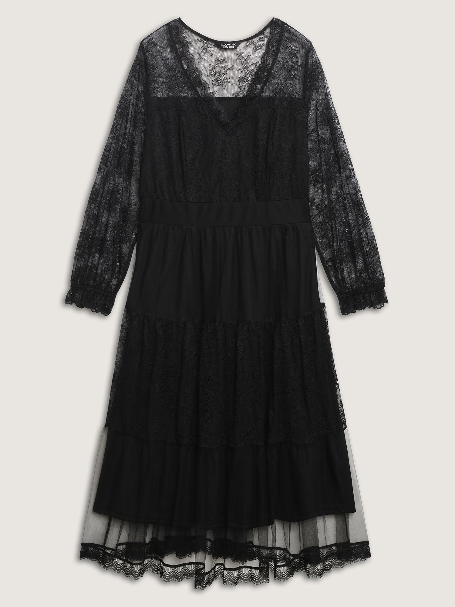 Sheer Lace Trim Stretchy Waist Midi Dress