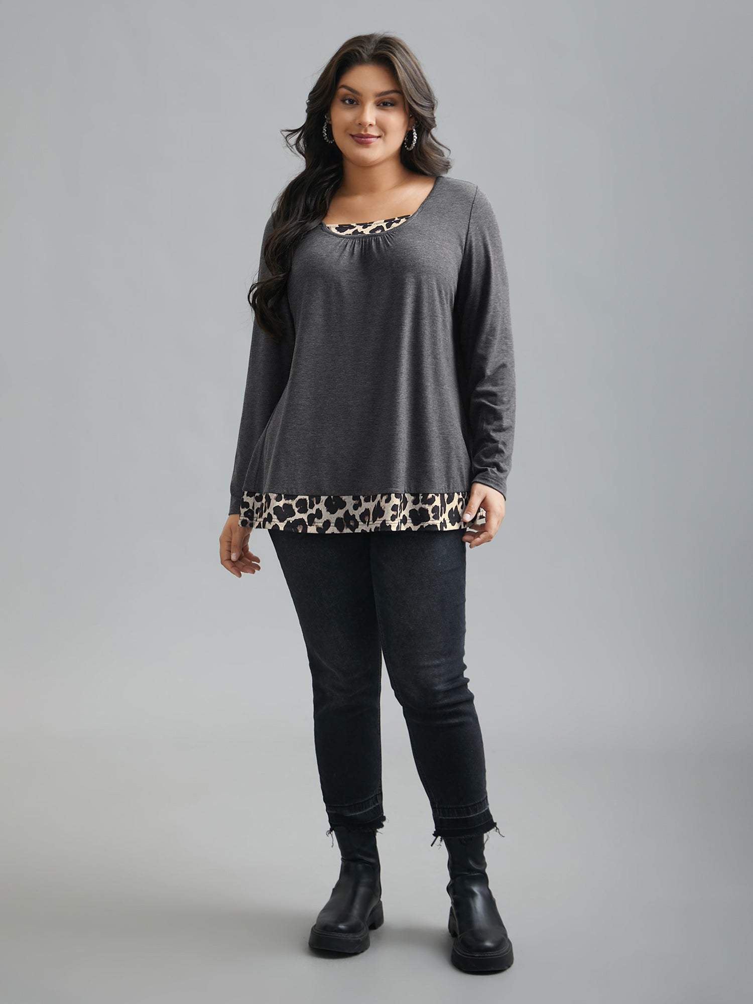 2-in-1 Leopard Print Spliced Knit Top