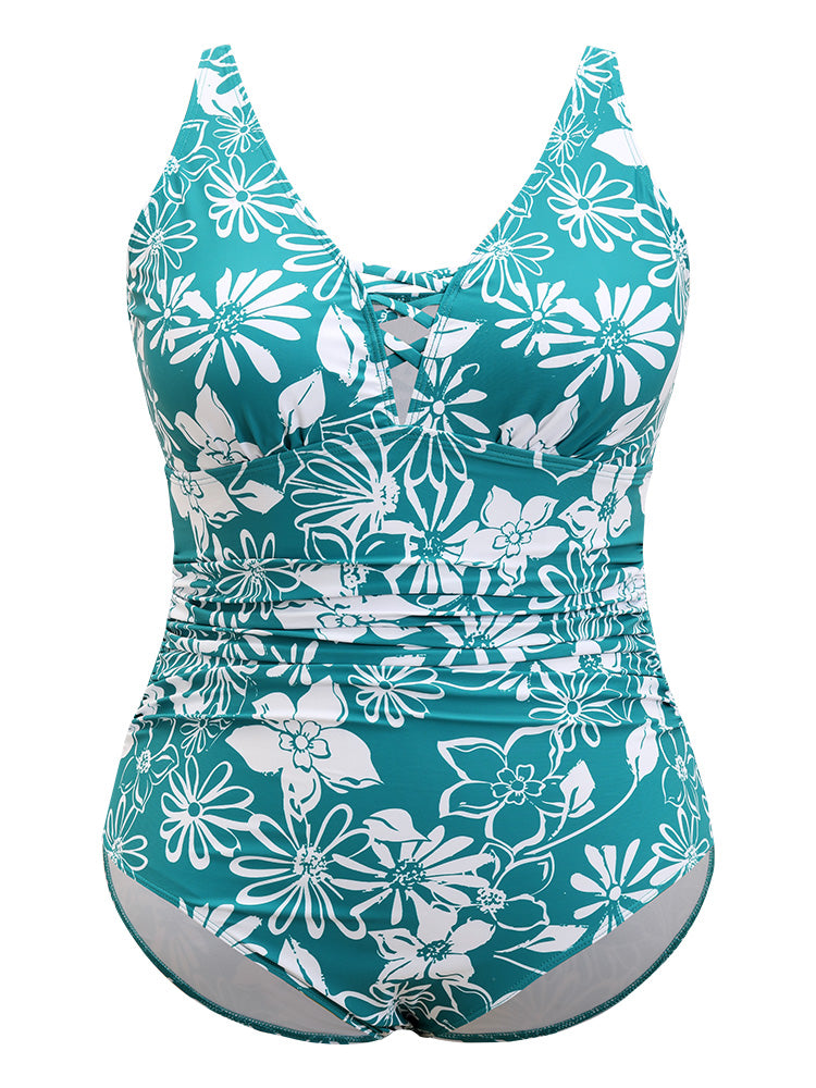 Floral Print Crisscross Sculpt Waist Ruched One Piece Swimsuit