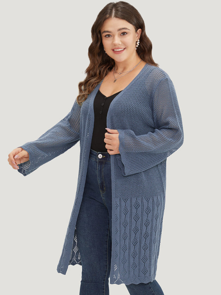 Solid Geometric Eyelet Open Front Cardigan