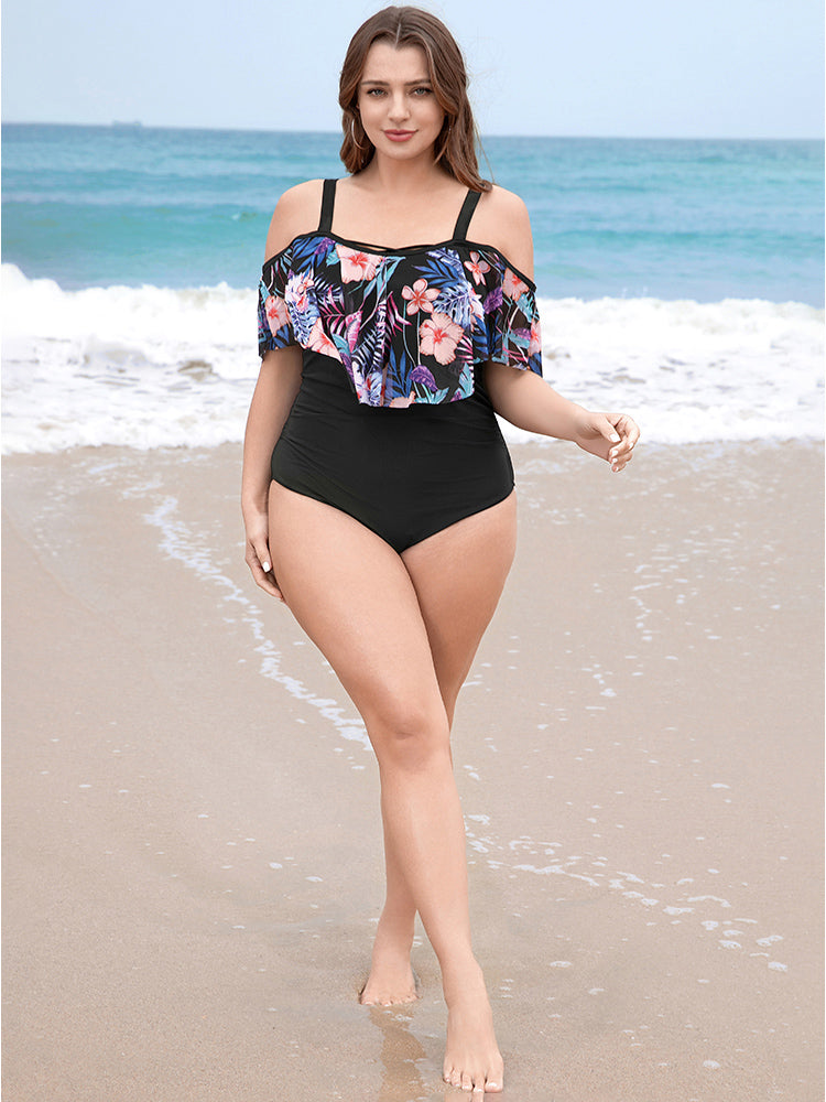 Floral Patchwork Asymmetrical Ruffle Trim Crisscross One Piece Swimsuit