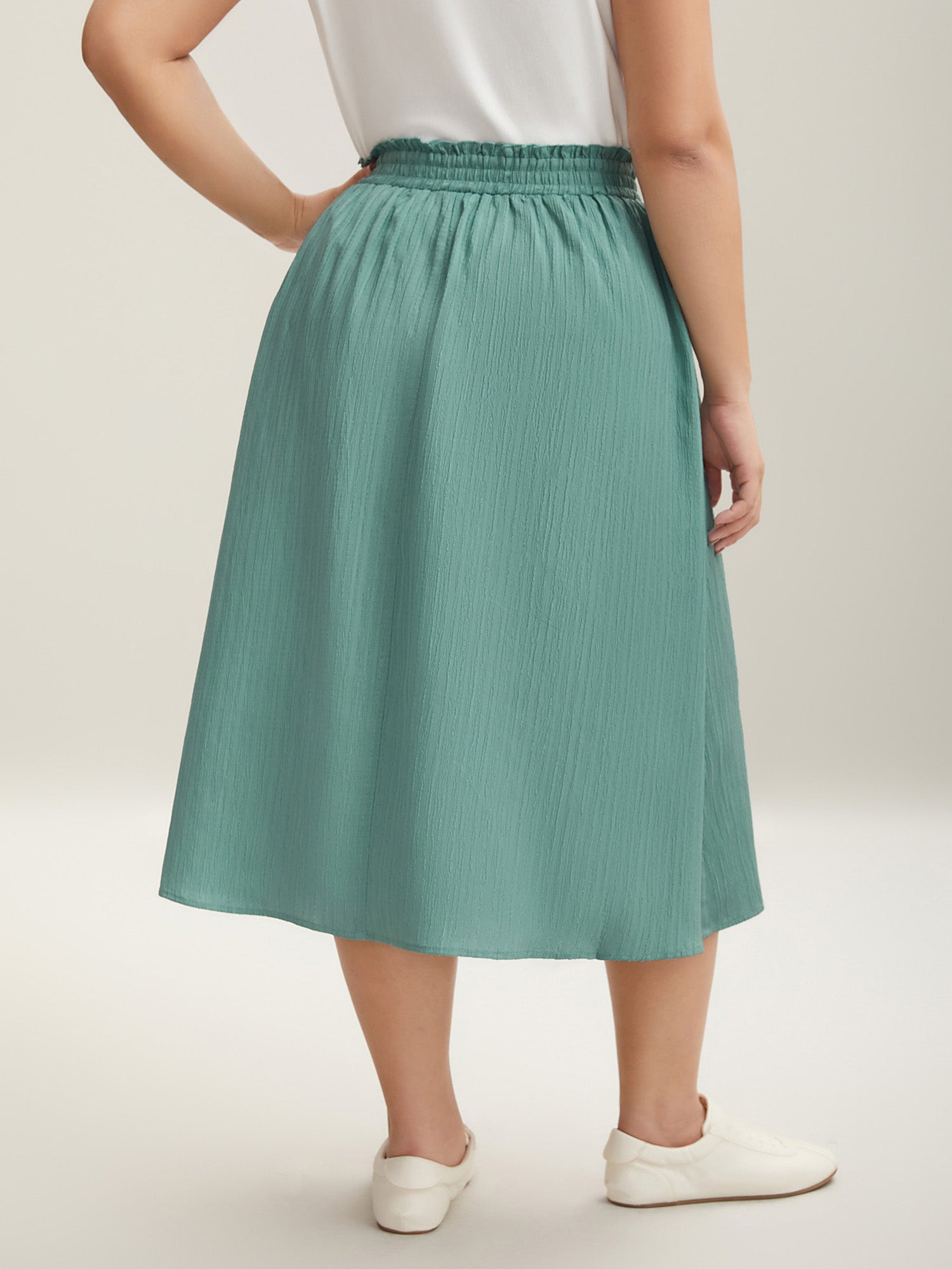 Smocked Waist Textured Pleated Midi Skirt