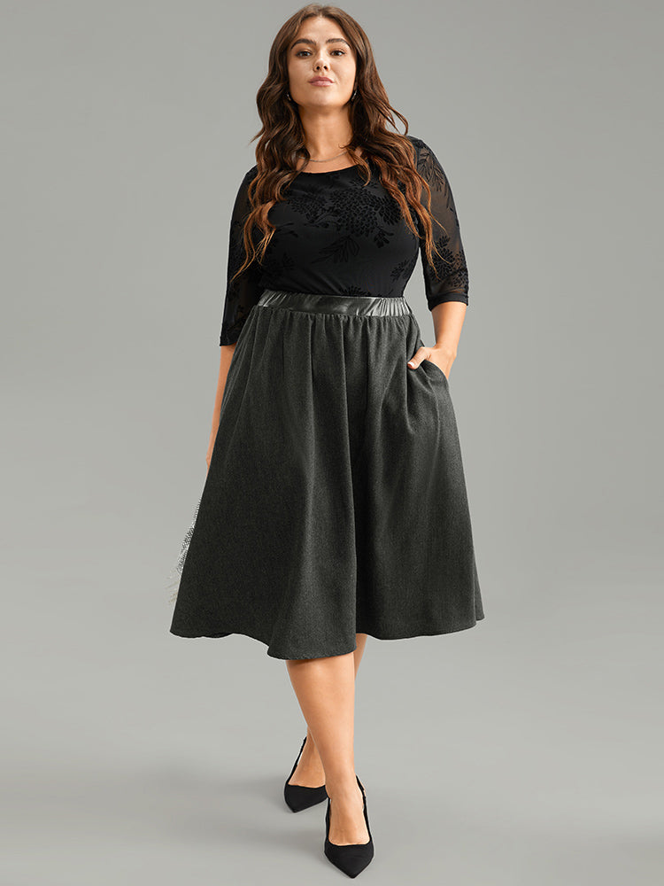 Solid PU Patchwork Pocket Elastic Waist Skirt