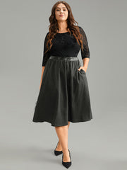 Solid PU Patchwork Pocket Elastic Waist Skirt