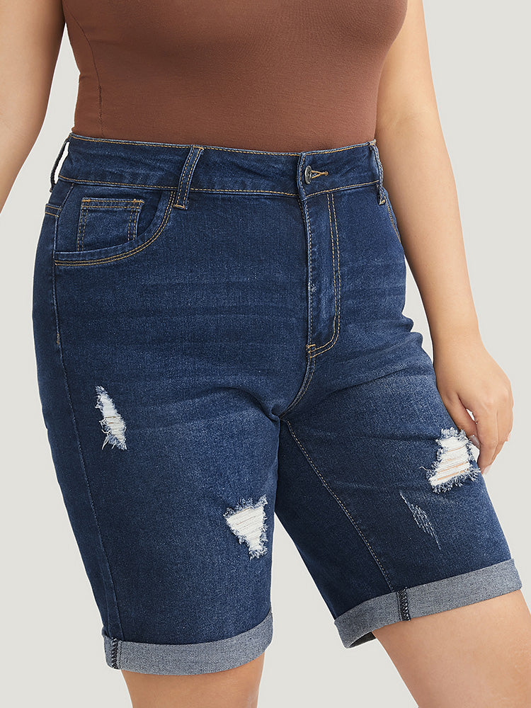 Slightly Stretchy High Rise Dark Wash Distressed Denim Shorts