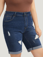 Slightly Stretchy High Rise Dark Wash Distressed Denim Shorts