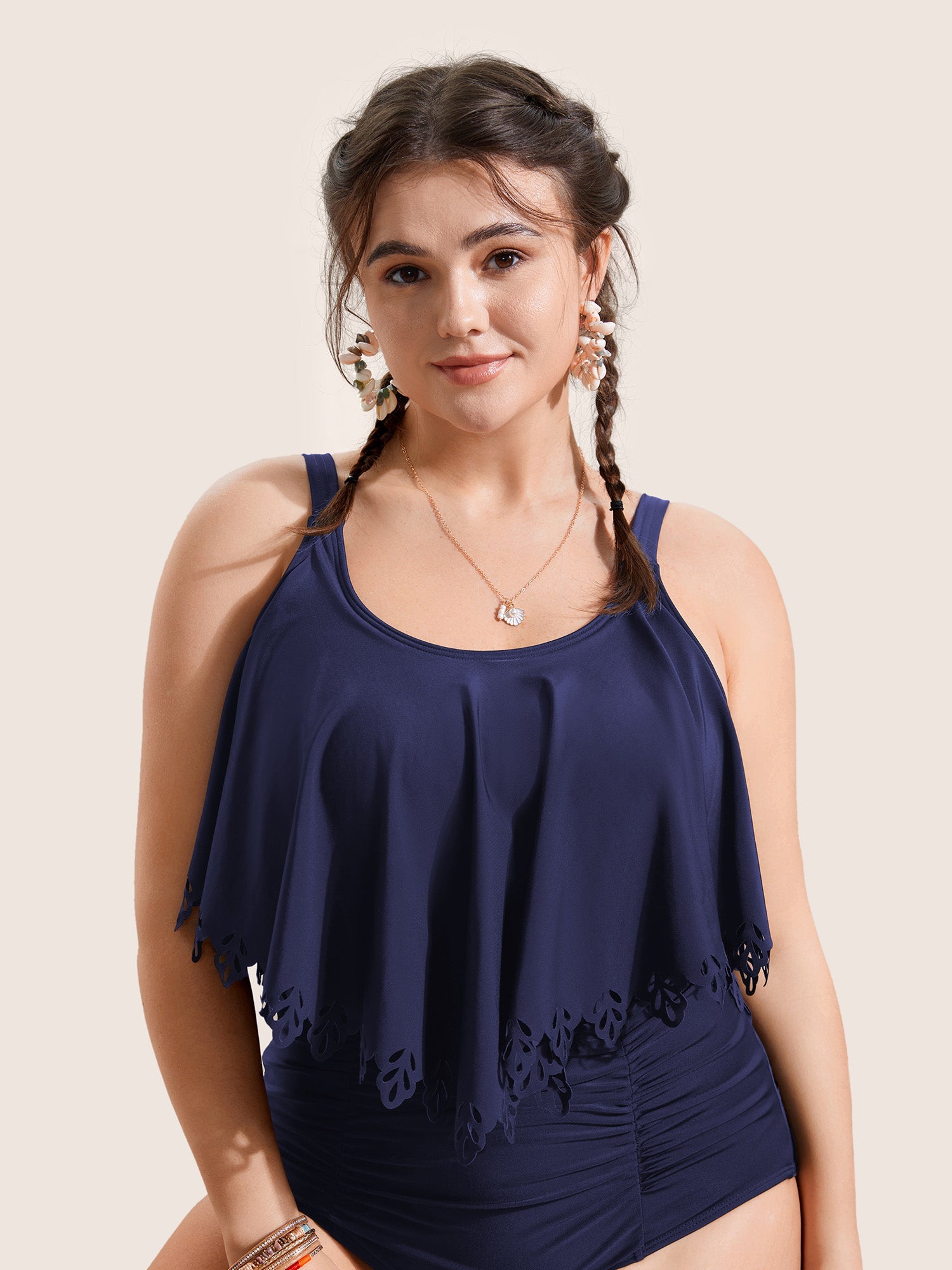 Solid Ruffle Trim Laser Cut Swim Top