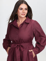 Belted Waist Textured Shirt Midi Dress