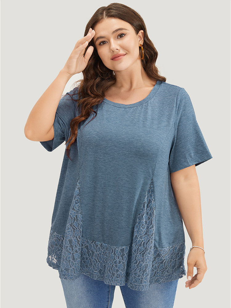 Solid Patchwork Crew Neck Lace Swing T-shirt
