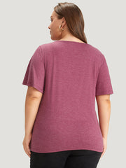 Plain Keyhole Pearl Beaded Flutter Sleeve T-shirt