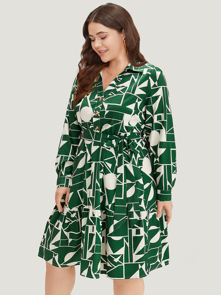 Geometric Shirt Collar Belted Pocket Flutter Dress