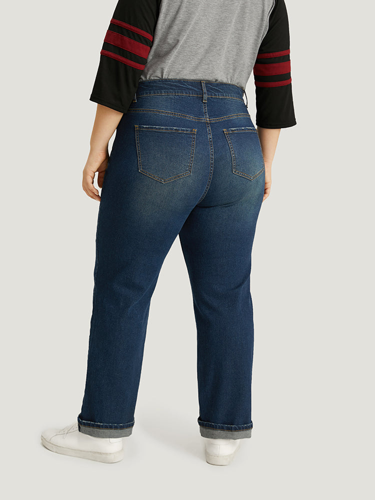 Plain Roll Hem Medium Wash Full Length Jeans