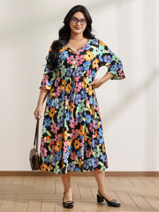 Floral Print Ruffled Drawstring Pockets Midi Dress