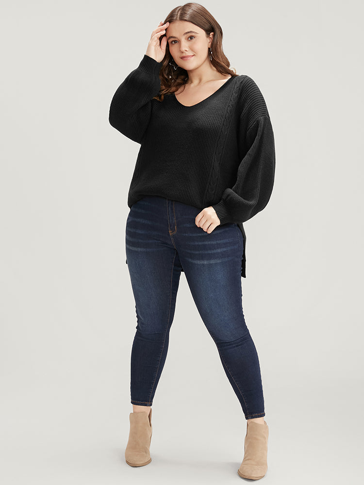 Solid Pointelle Knit Lantern Sleeve Cut Out Split Knit Top