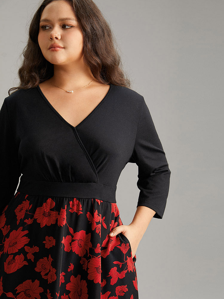 Silhouette Floral Print Patchwork Surplice Neck Dress