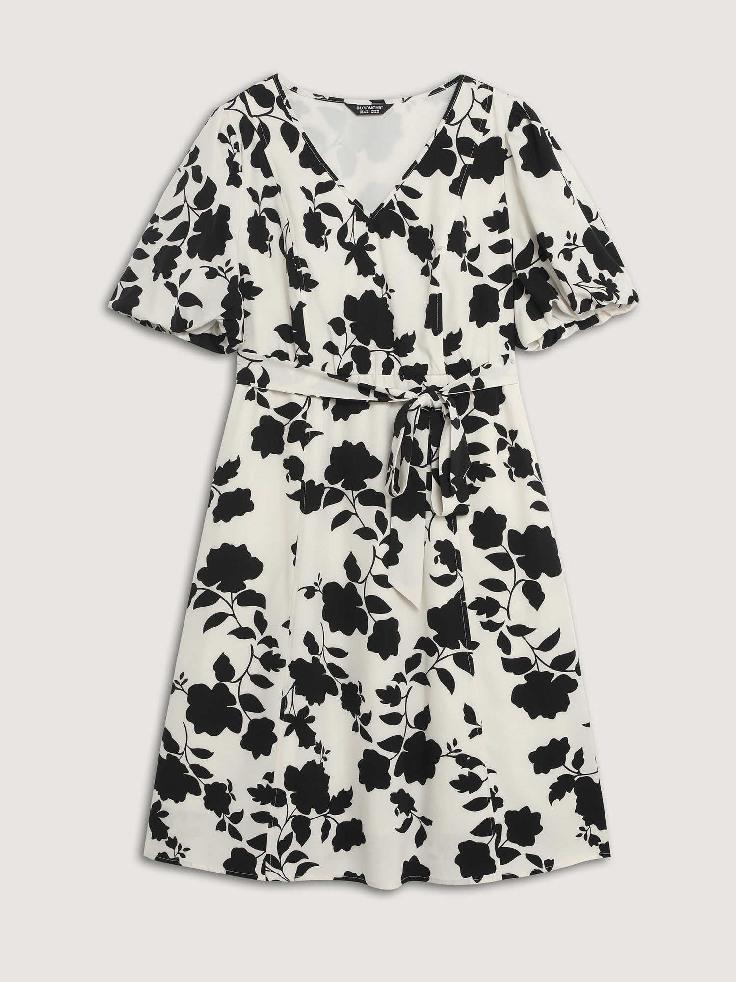 Silhouette Flower Puffy Sleeve Midi Dress