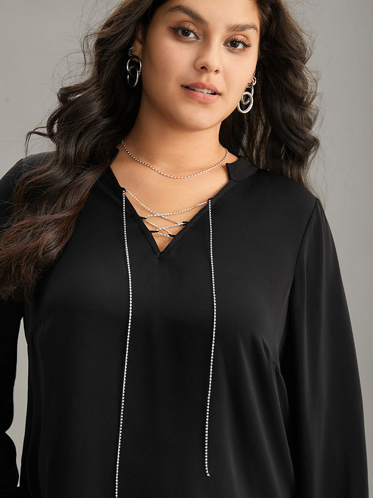 Anti-Wrinkle Lace Up Chain Detail Lantern Sleeve Blouse