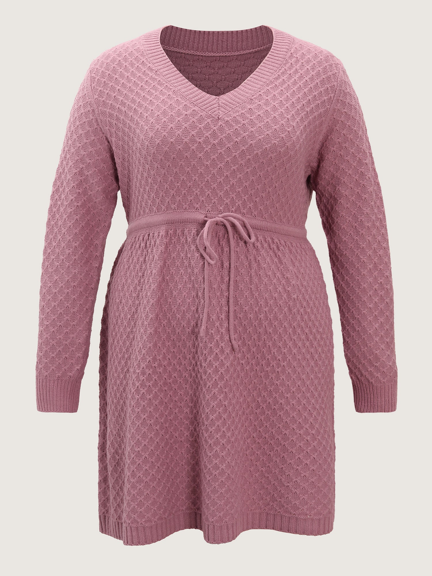 Textured Drawstring Waist V-Neck Sweater Dress