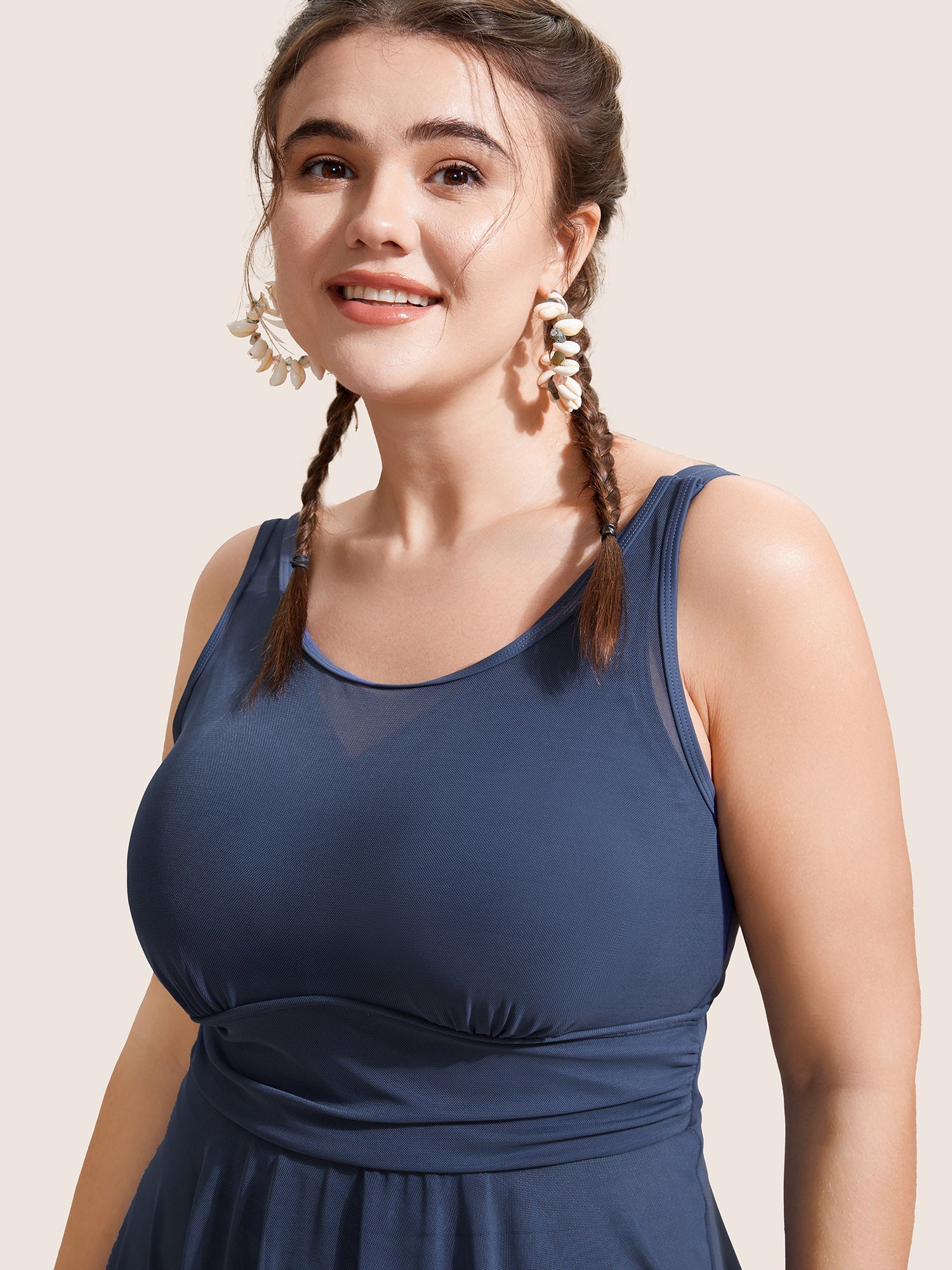 See Through Patchwork Gathered Swim Dress