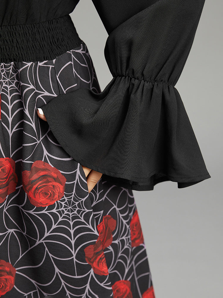 Halloween Rose Ruffles Shirred Elastic Waist Dress