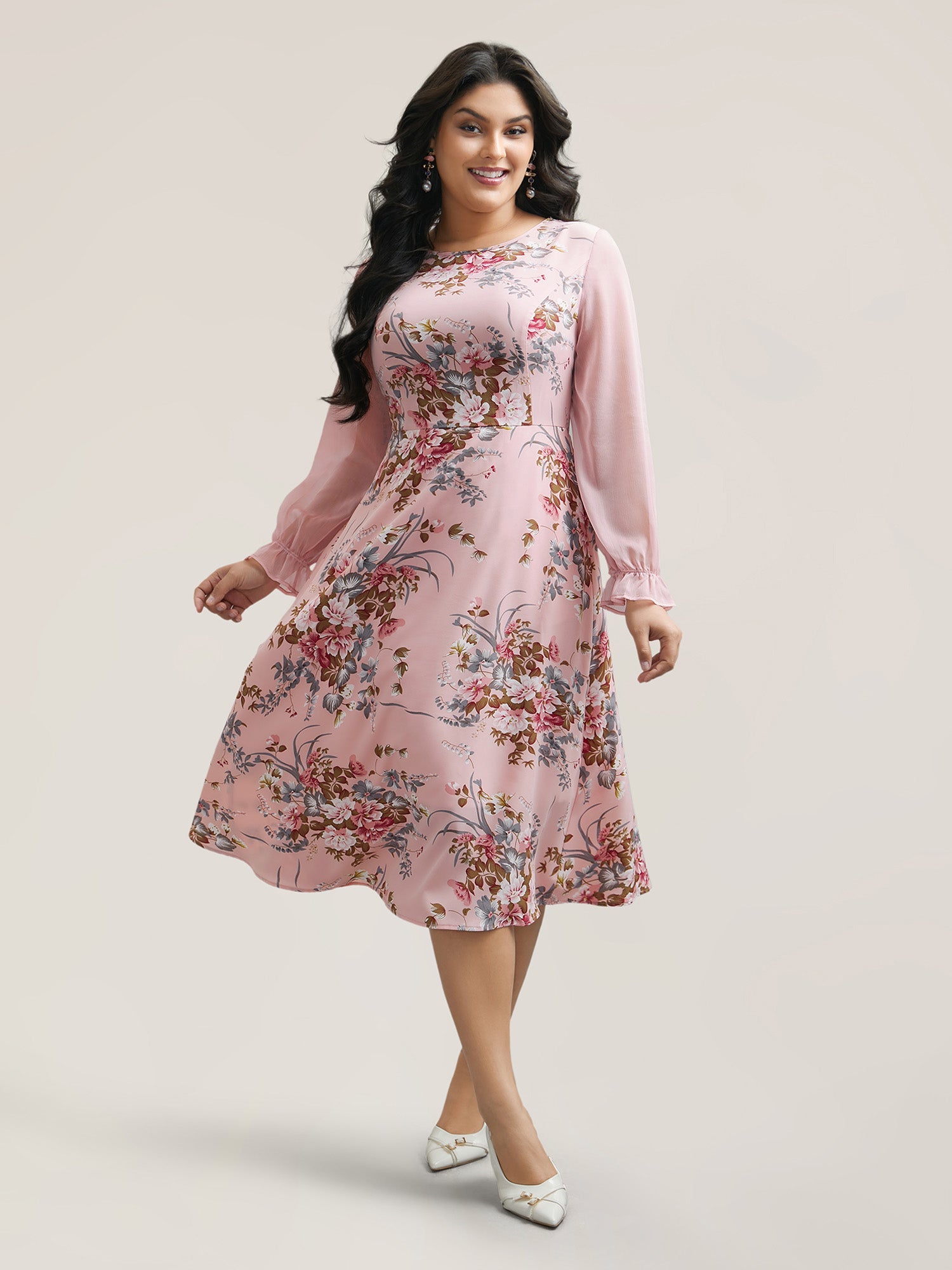 Floral Print Spliced Waist Cinched Midi Dress