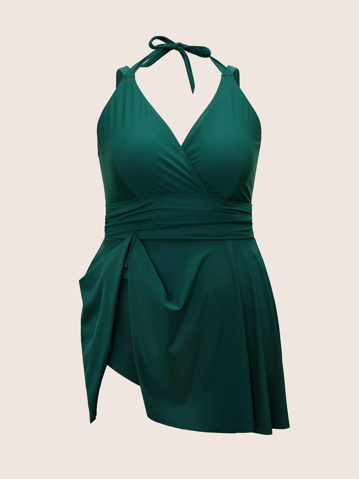 Solid Ruffle Hem Empire Waist Halter Neck Swim Dress