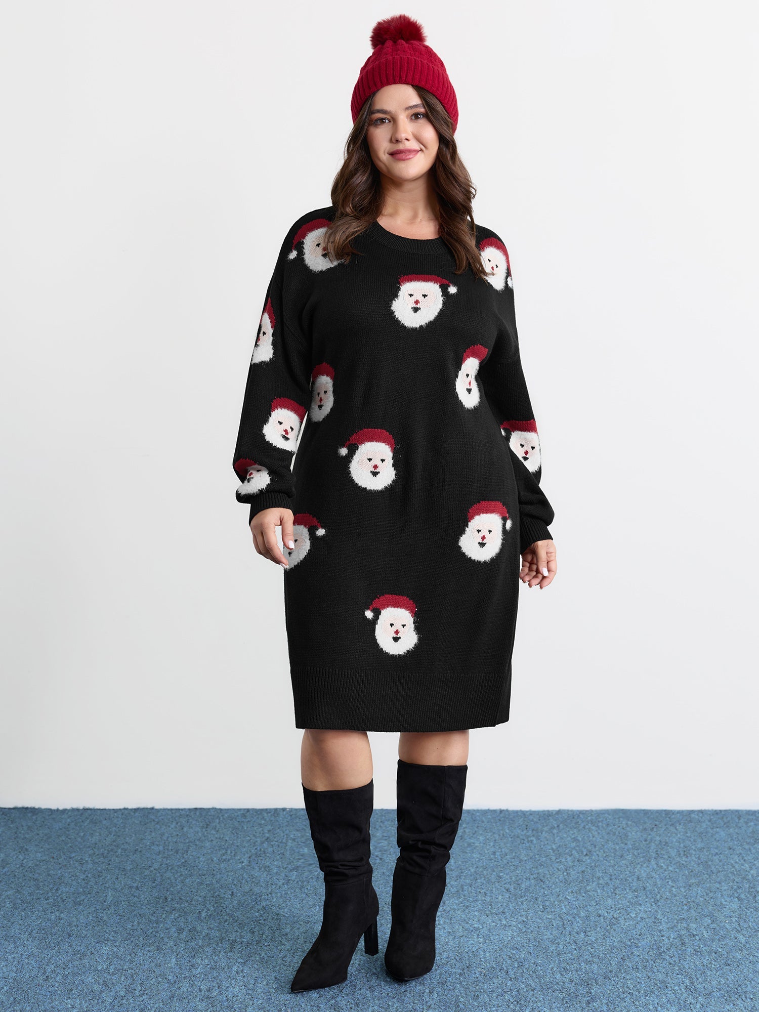 Santa Claus Print Embroidered Textured Sweater Dress