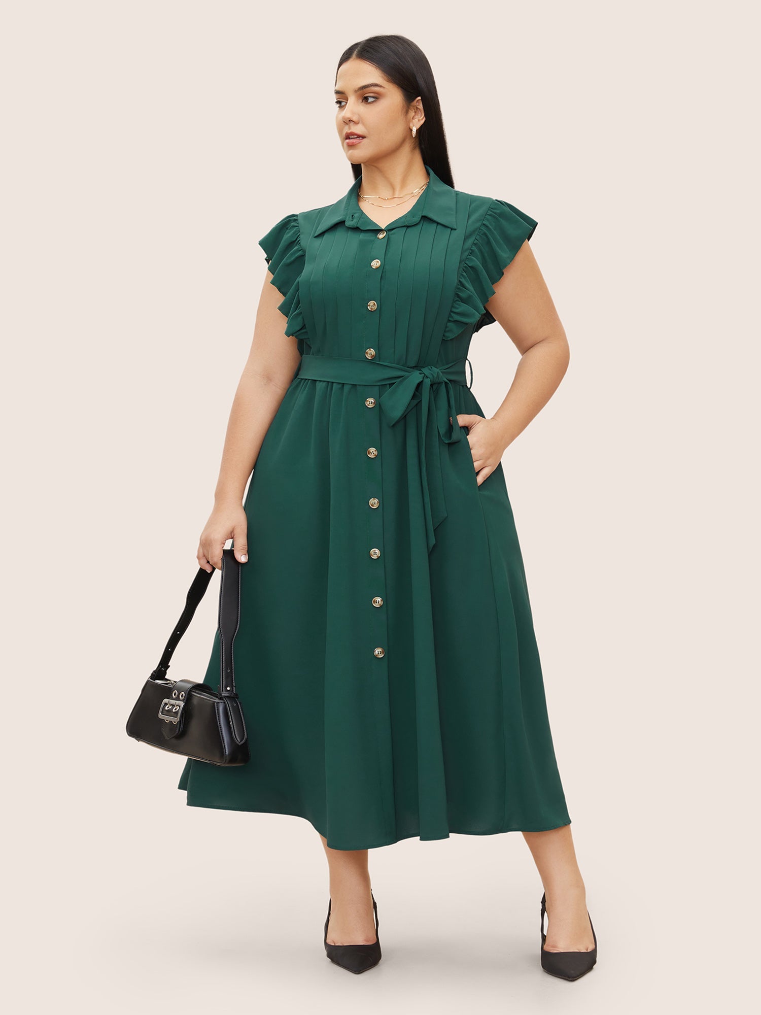 Shirt Collar Solid Pleated Ruffle Cap Sleeve Dress