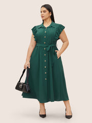 Shirt Collar Solid Pleated Ruffle Cap Sleeve Dress
