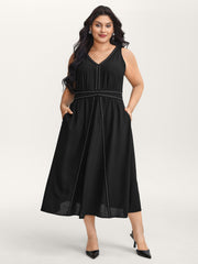 Shirred Side Pockets V-Neck Midi Dress