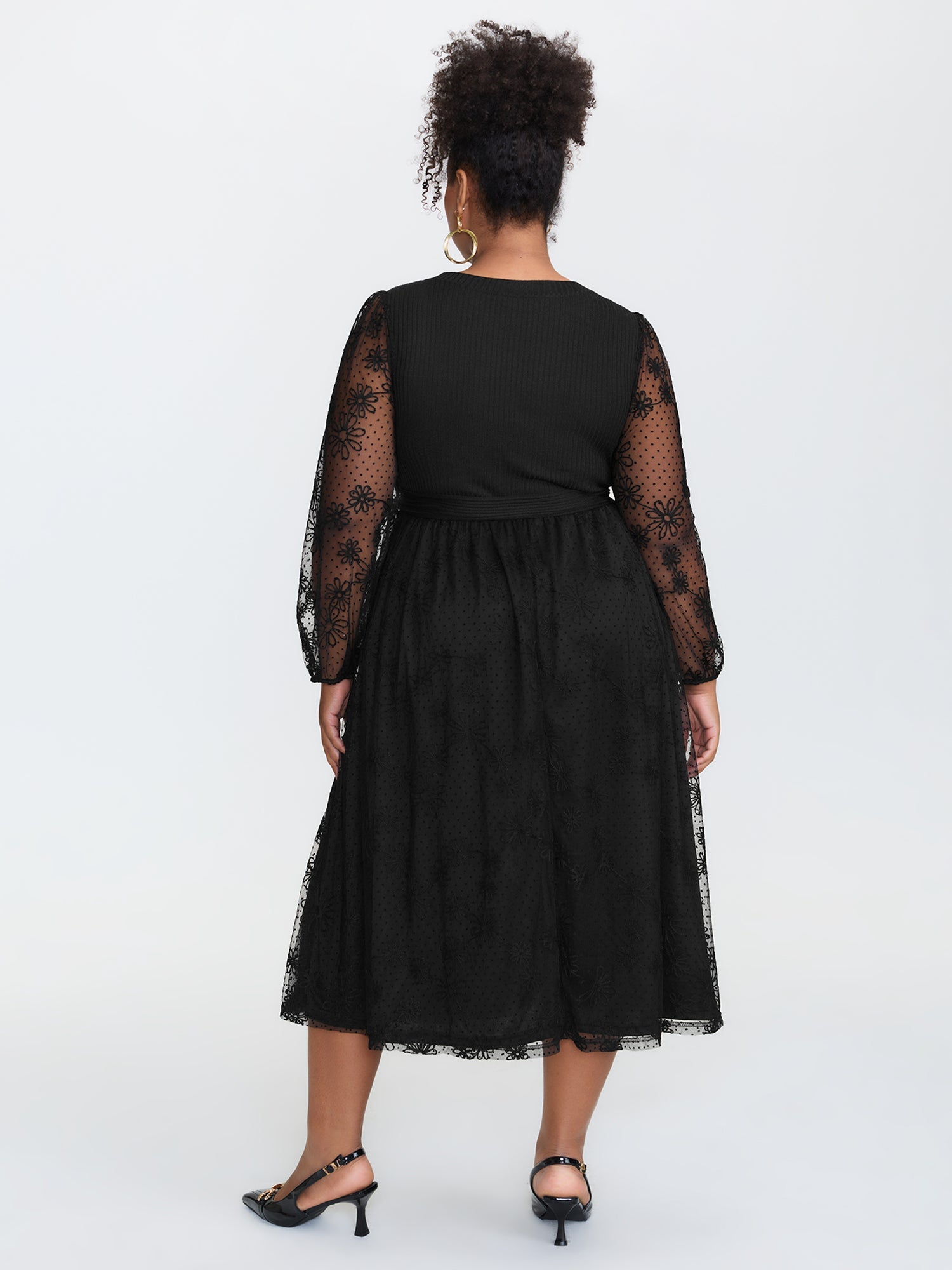 Sheer Floral Sleeve Belted Waist Midi Dress