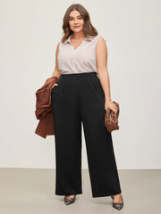 Solid Elastic Waist Pleated Wide Leg Pants