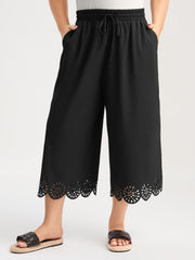Scalloped Hem Laser Cut Wide-Leg Pants