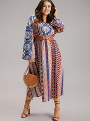 Boho Print Keyhole Split Hem Pocket Dress