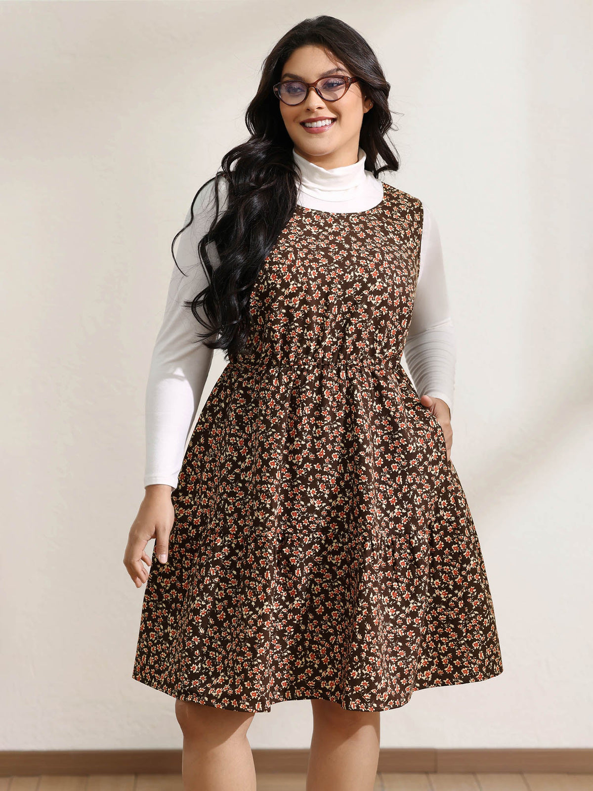 Floral Print Pockets Sleeveless Midi Dress