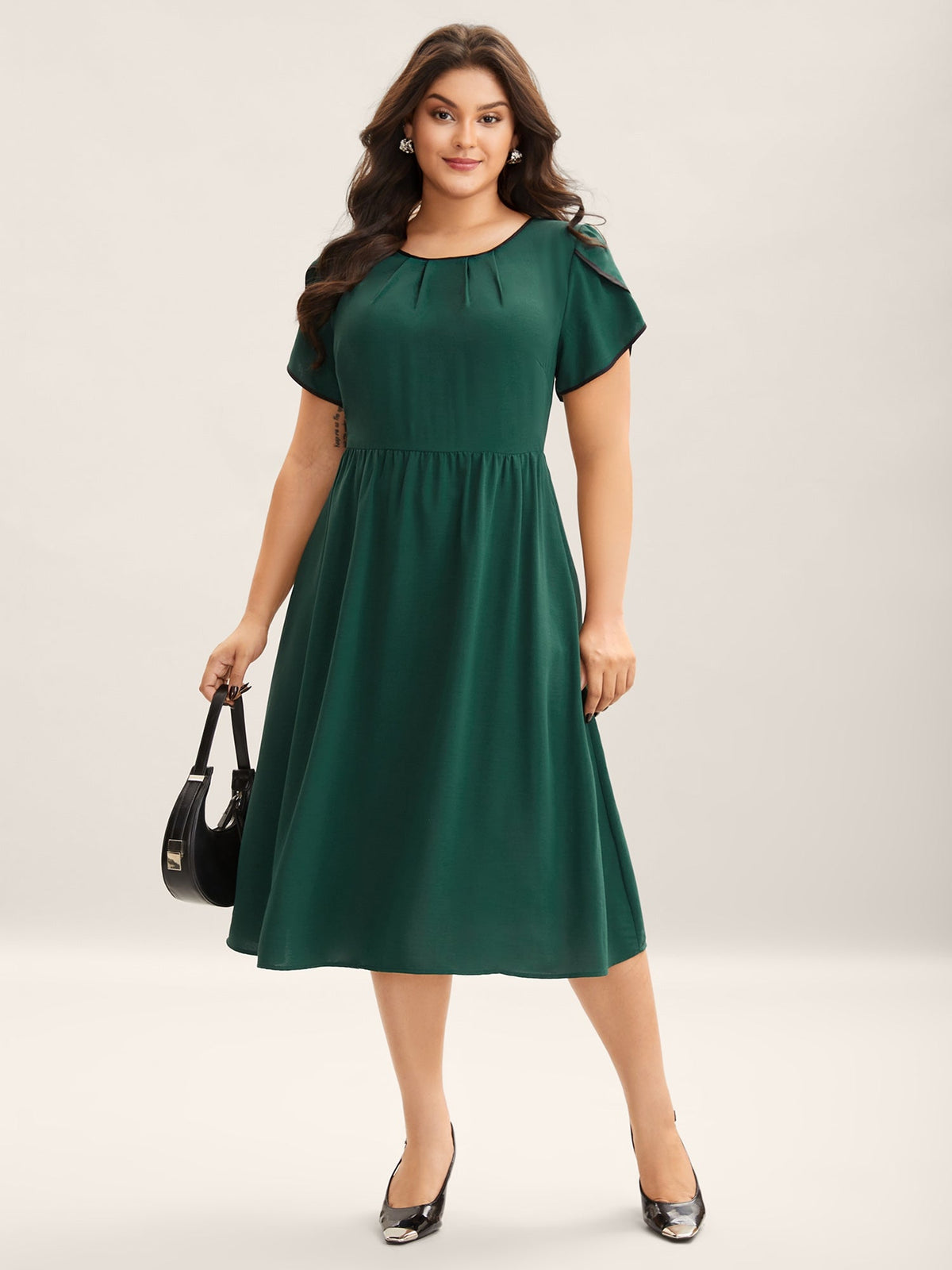Petal Sleeve Pleated Pockets Midi Dress