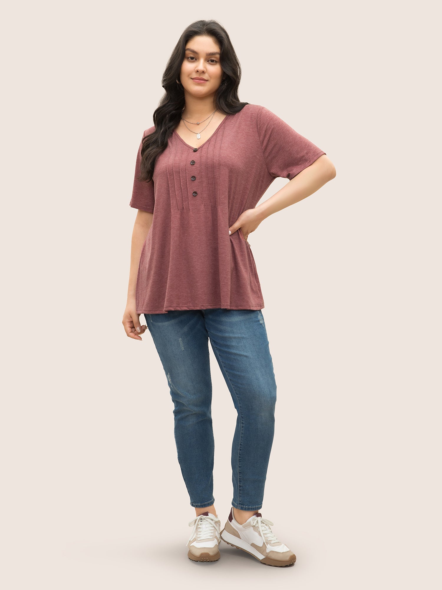 Solid Pleated Front Button Detail V Neck T-shirt