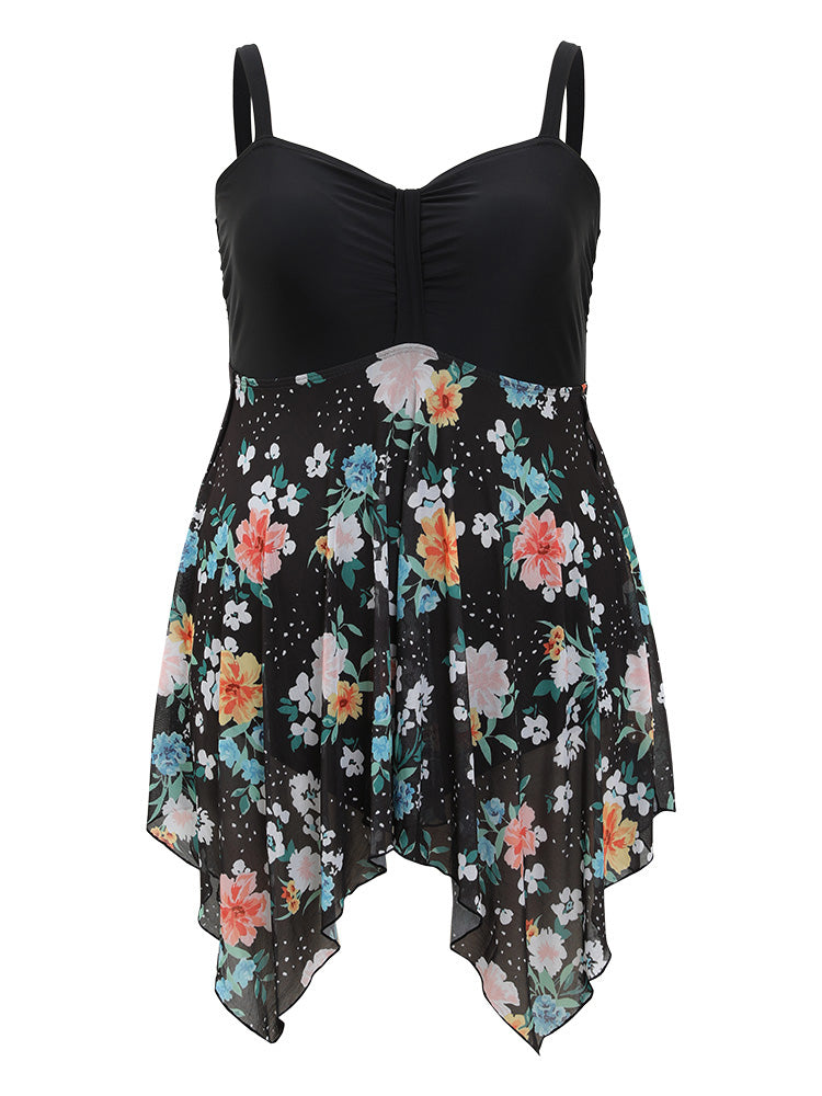 Floral Patchwork Ruched Front Hanky Hem Swim Dress