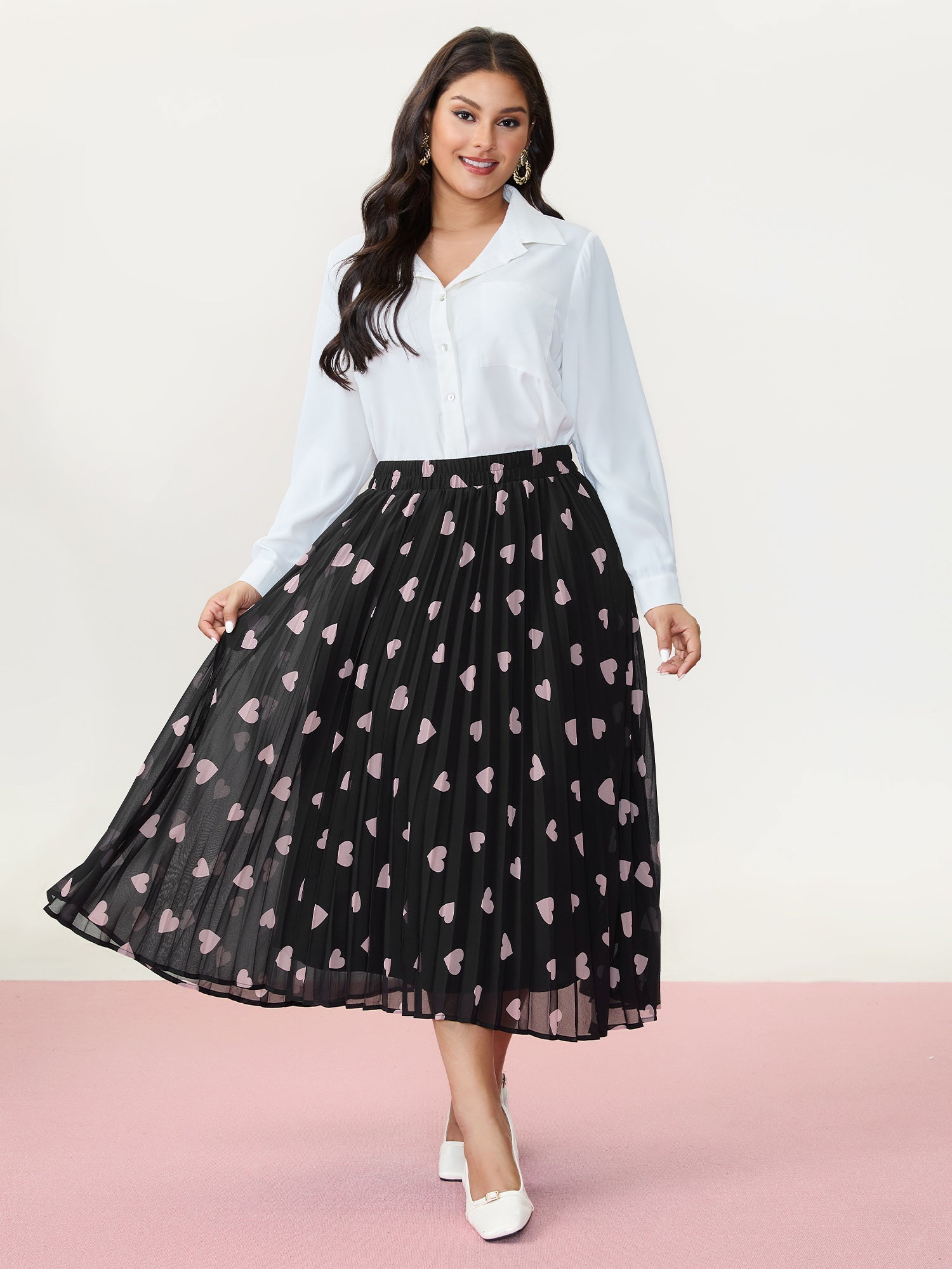 Heart Mesh Pleated Maxi Skirt