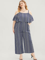Striped Geometric Pocket Ruffles Cold Shoulder Jumpsuit
