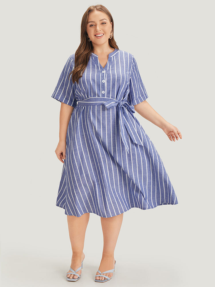 Striped Print Belt Pocket Notched Button Up Dress