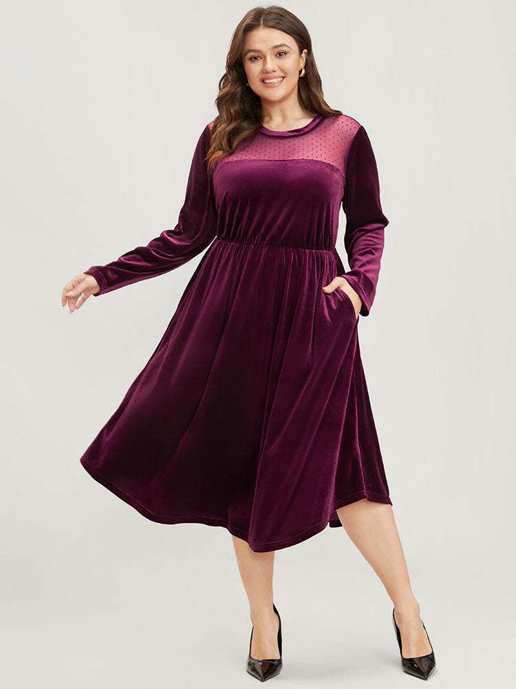Solid Mesh Patchwork Pocket Velvet Arc Hem Dress