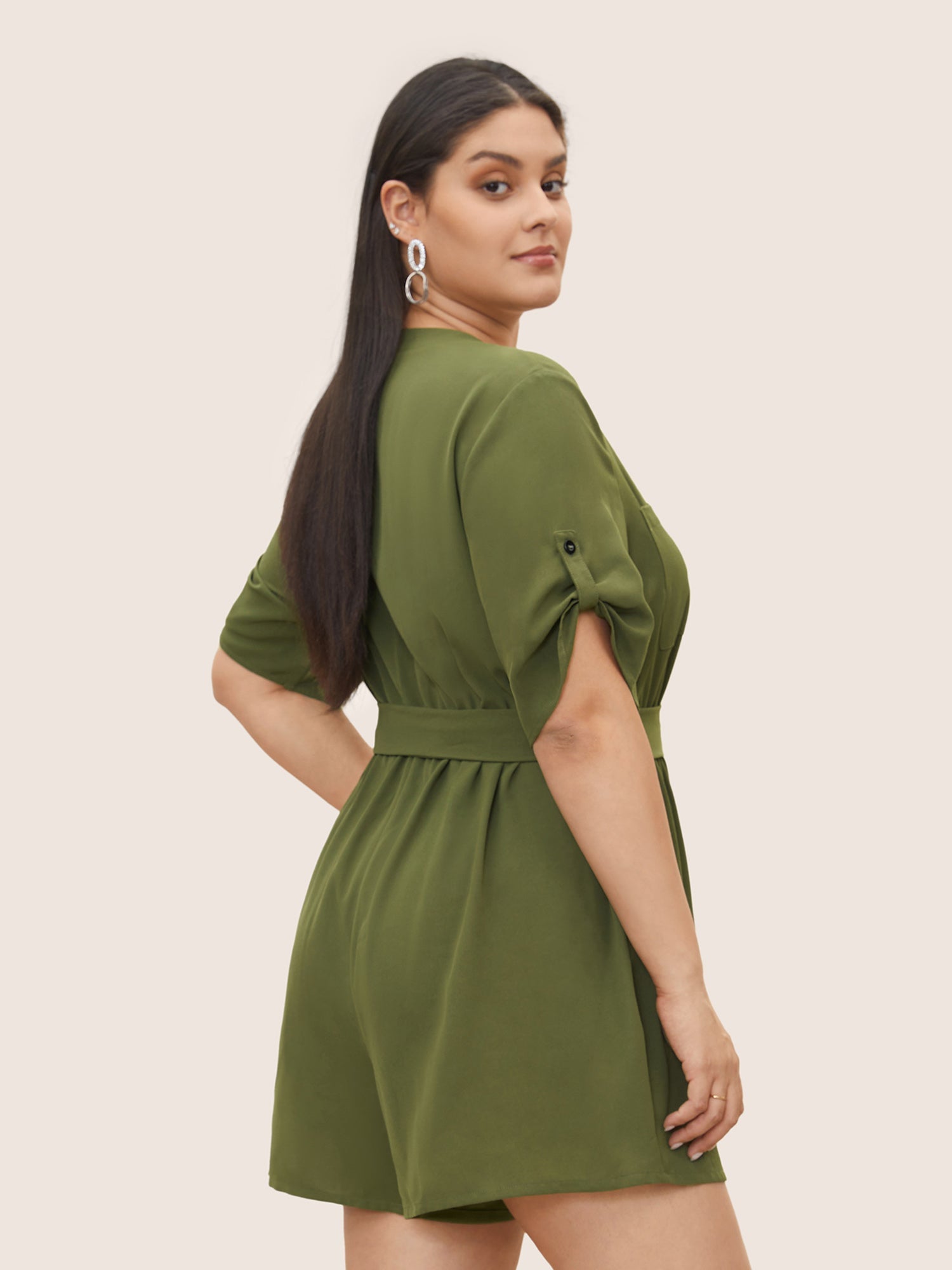 Solid Half Zip Belted Tab Sleeve Jumpsuit