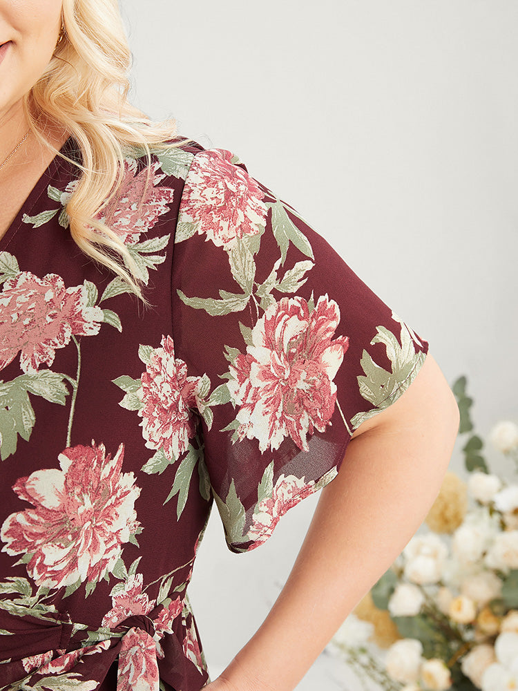 Floral Print Belted Surplice Neck Flutter Pocket Maxi Dress