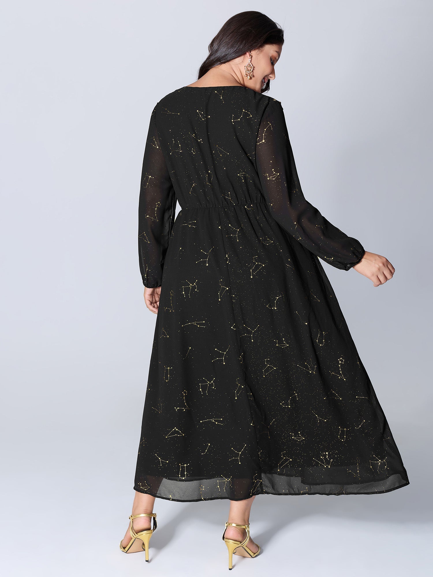 Shimmery Hot Stamped Shirred Pockets Party Dress