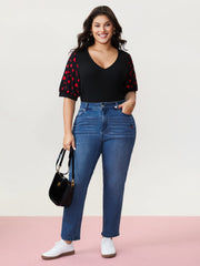 Cherry Embroidered Mid-Rise Straight Leg Jeans