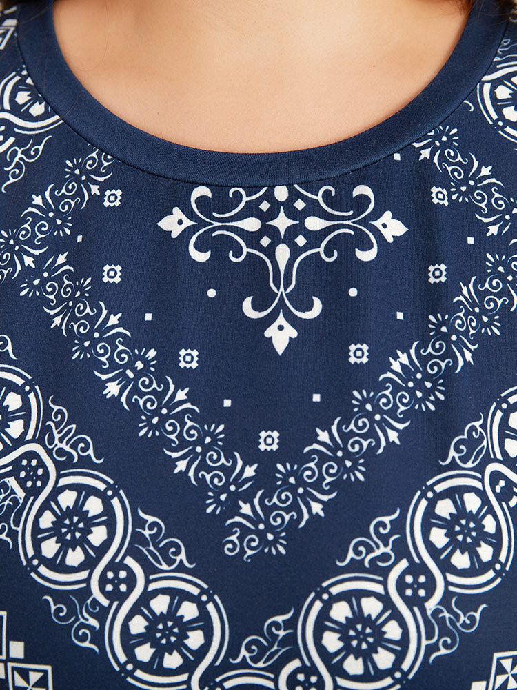 Scarf Print Round Neck Elastic Cuffs Sweatshirt