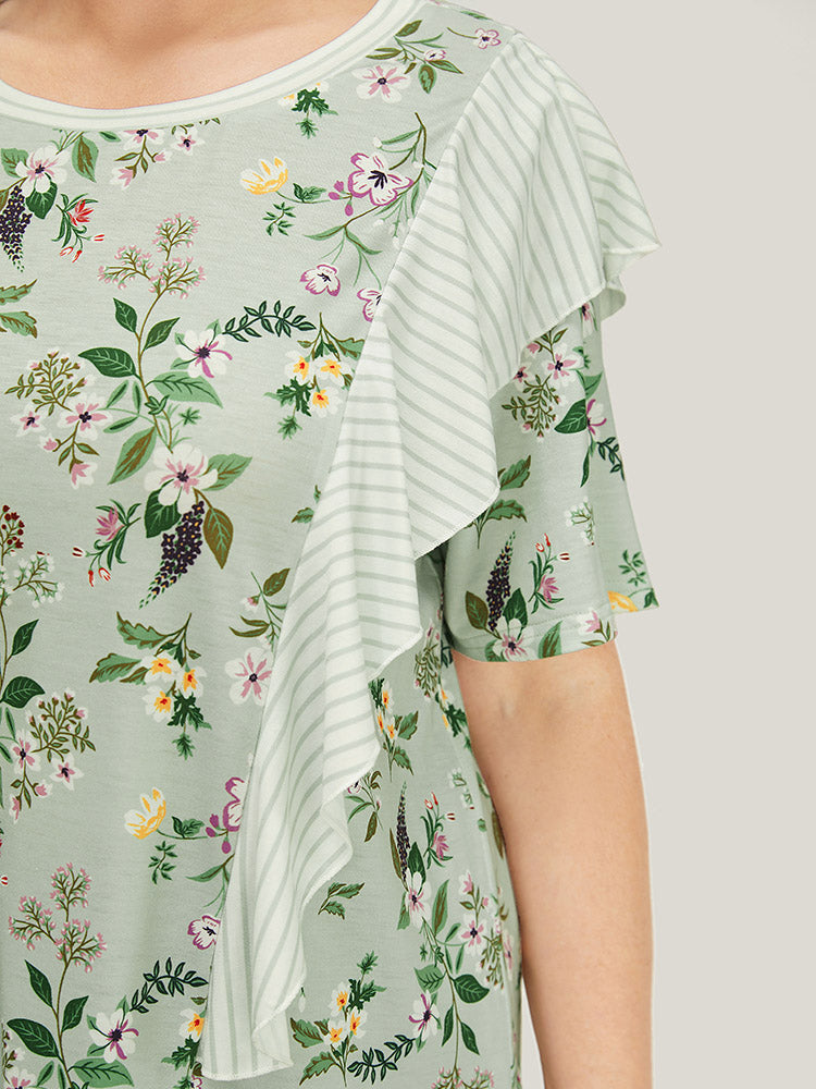 Floral Patchwork Round Neck Striped Ruffle Trim T-shirt